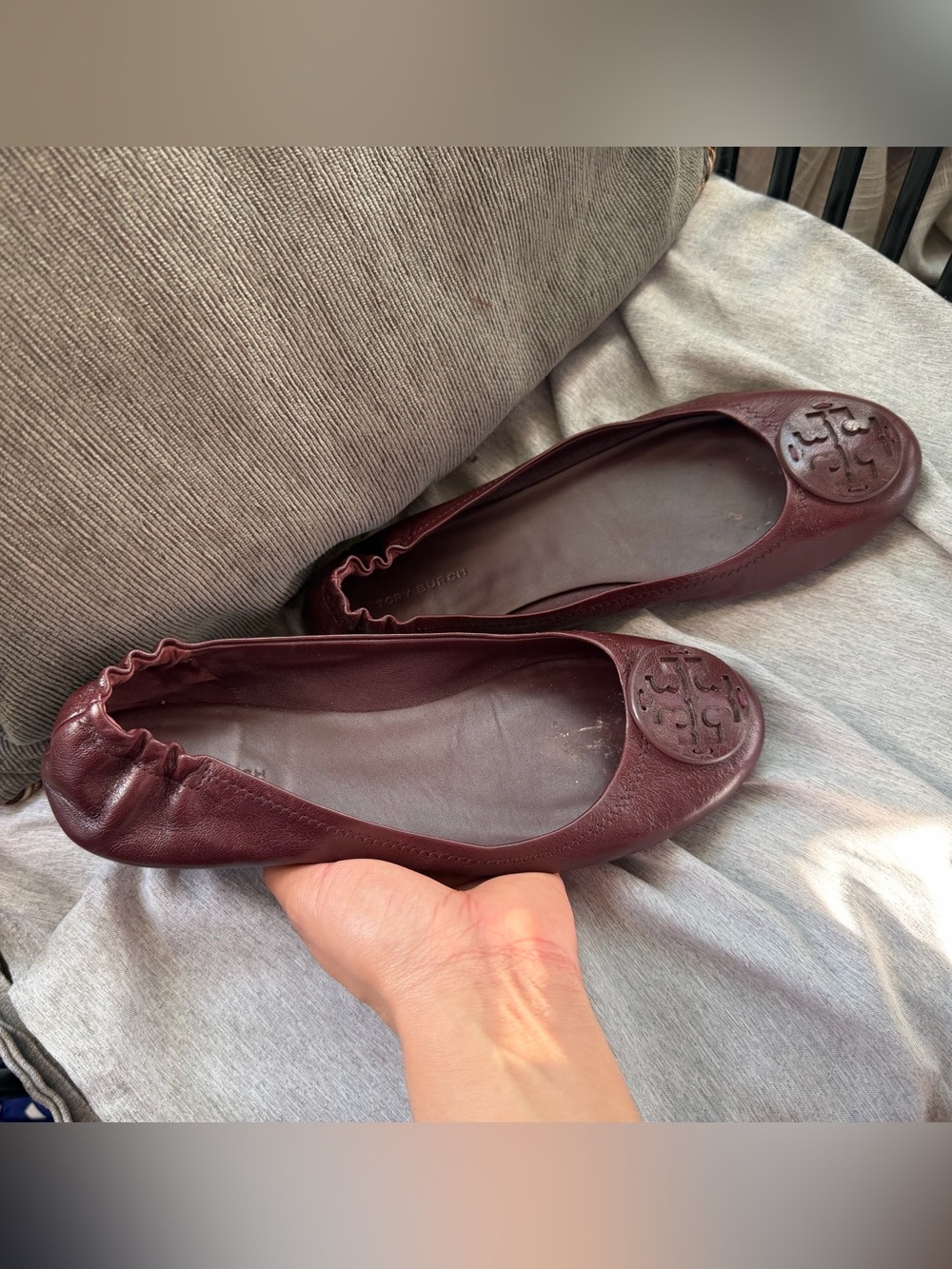 Tory Burch Deep Burgundy Leather Logo Ballet Flats